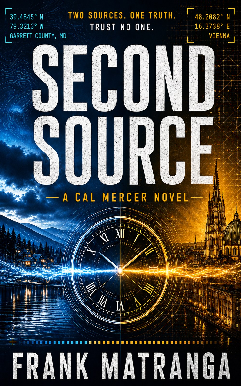 Cover of Second Source by Frank Matranga: a clock face between a mountain lake and a lit European cathedral city.